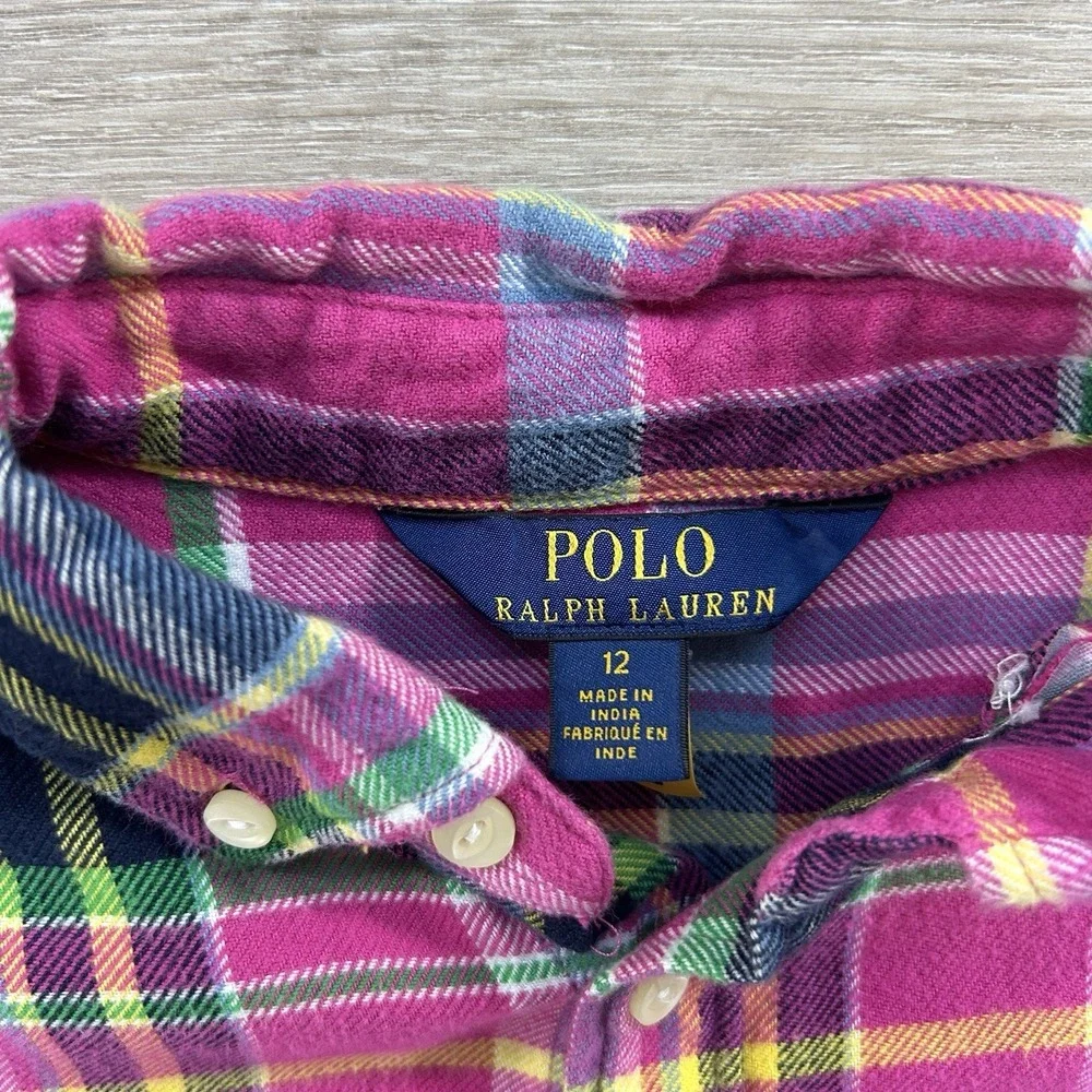 Polo Ralph Lauren Girls 12 Pink Plaid‎ Flannel Shirt Dress Long Sleeves Pockets